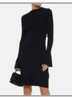 Maje Robinson Ribbed Knit Bell Sleeve Sweater Dress- Black